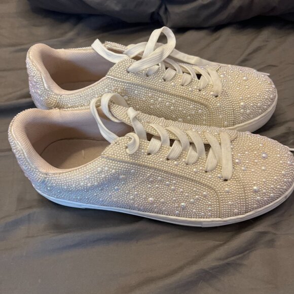 Lovee Cosee White Pearl Platform Sneakers for Women Sparkly Lace up Sequin White - Picture 2 of 3